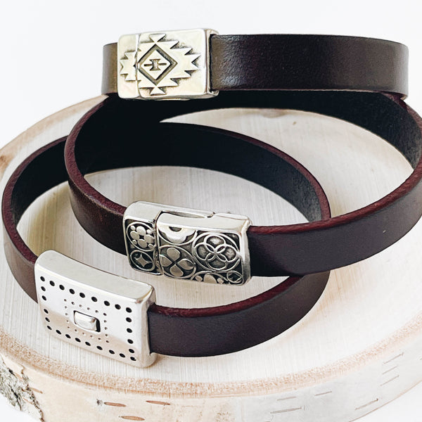 Unisex Dark Brown Silver Magnetic Clasp Leather Bracelet 6.5 / Southwest