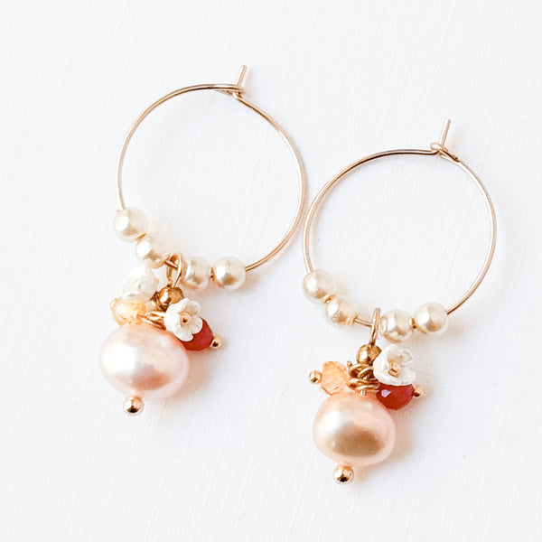 Gold Filled Hoops with Pink Pearl, Glass Flowers, Red Bead