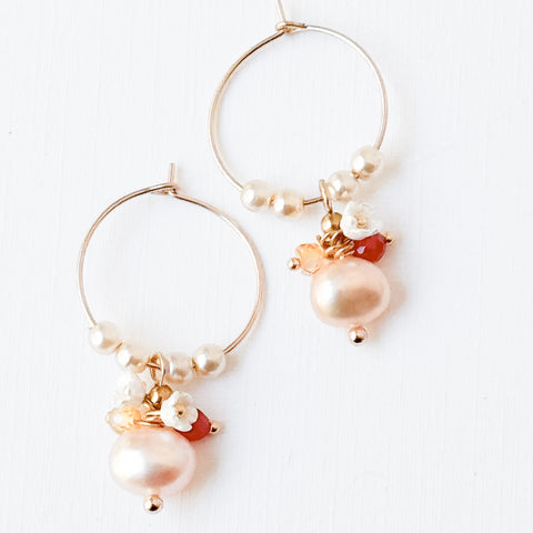 Gold Filled Hoops with Pink Pearl, Glass Flowers, Red Bead