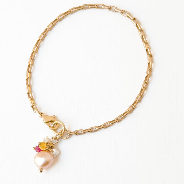 24K Gold Plated Paperclip Chain Bracelet with Pearl Charms