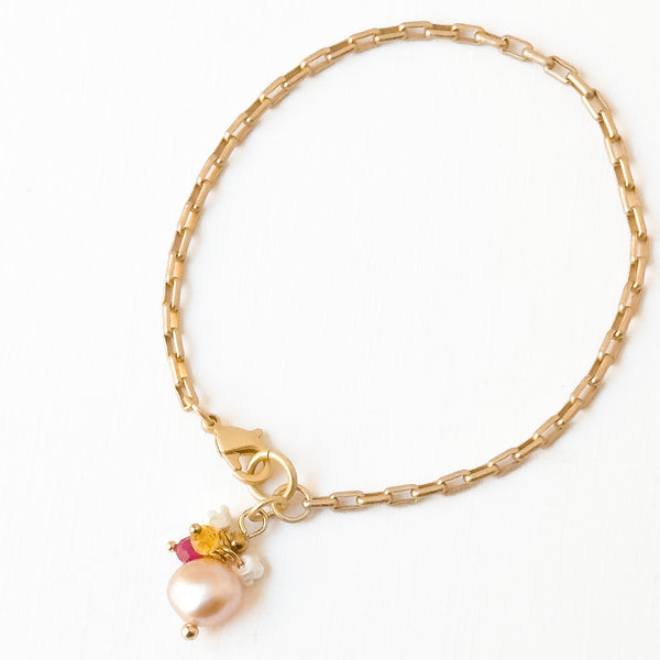 24K Gold Plated Paperclip Chain Bracelet with Pearl Charms