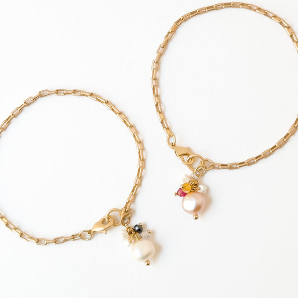 24K Gold Plated Paperclip Chain Bracelet with Pearl Charms