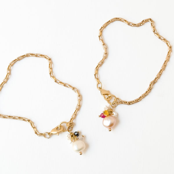 24K Gold Plated Paperclip Chain Bracelet with Pearl Charms