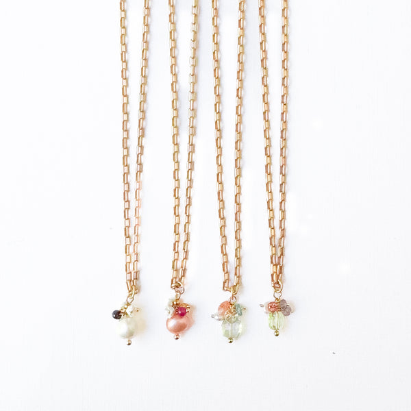 Gold Paperclip Chain Necklace with Pearls and teeny Flowers