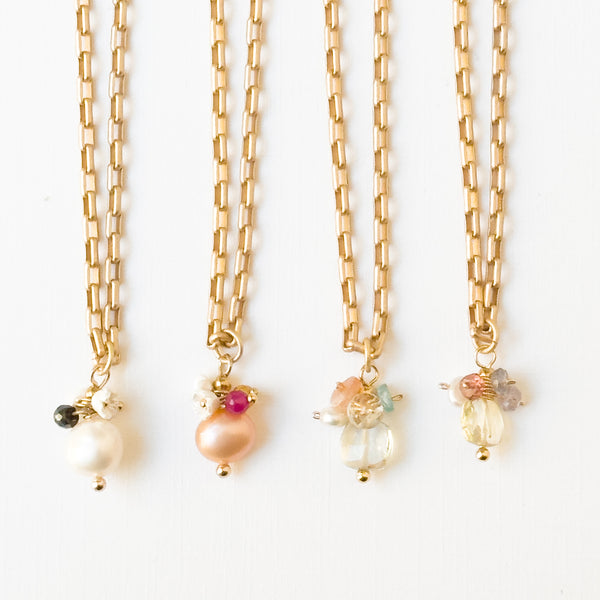 Gold Paperclip Chain Necklace with Pearls and teeny Flowers