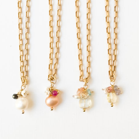 Gold Paperclip Chain Necklace with Pearls and teeny Flowers