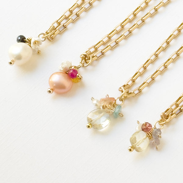 Gold Paperclip Chain Necklace with Pearls and teeny Flowers