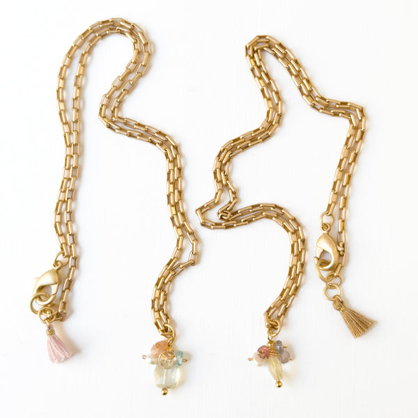 Gold Paperclip Chain Necklace with Pearls and teeny Flowers