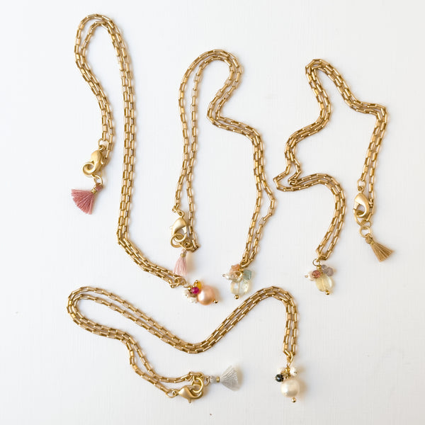 Gold Paperclip Chain Necklace with Pearls and teeny Flowers