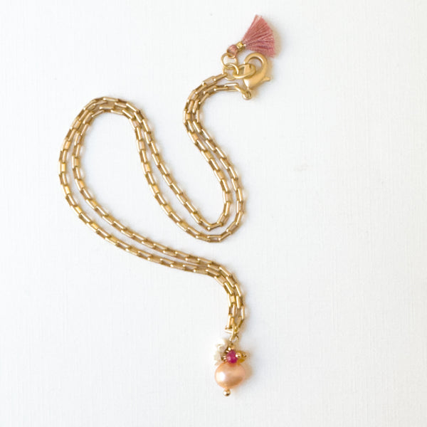 Gold Paperclip Chain Necklace with Pearls and teeny Flowers