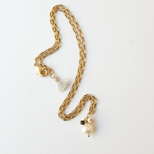 Gold Paperclip Chain Necklace with Pearls and teeny Flowers