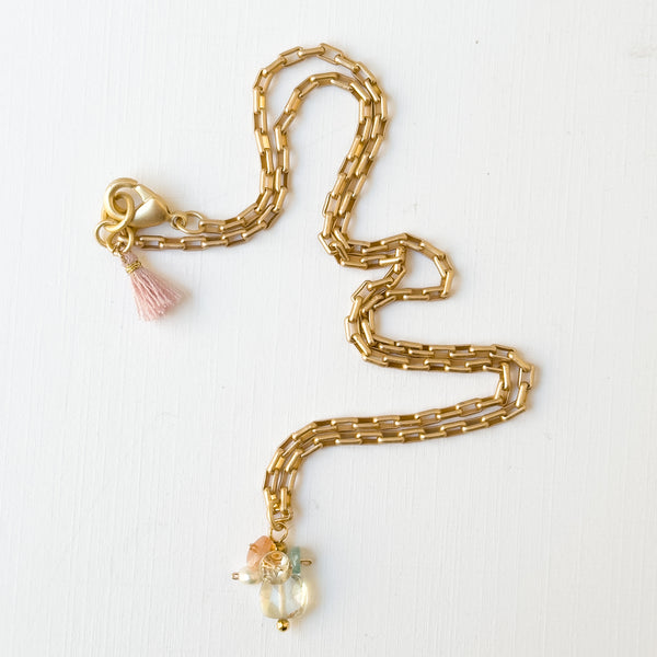 Gold Paperclip Chain Necklace with Pearls and teeny Flowers