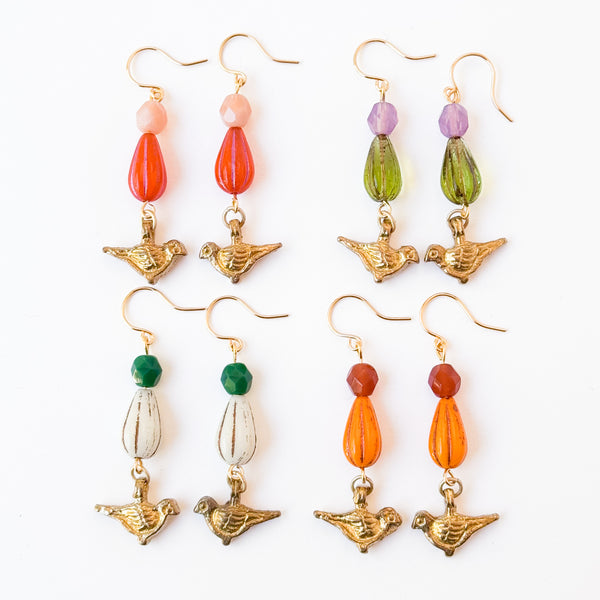 Colorful Bird Charm Earrings | Glass Bead Nature Jewelry