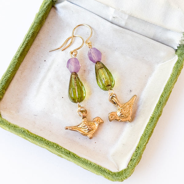 Colorful Bird Charm Earrings | Glass Bead Nature Jewelry