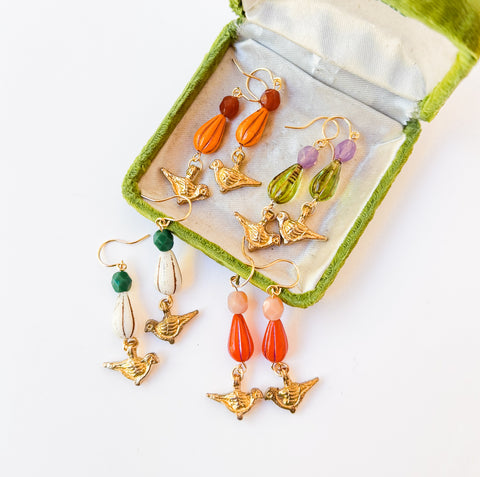 Colorful Bird Charm Earrings | Glass Bead Nature Jewelry