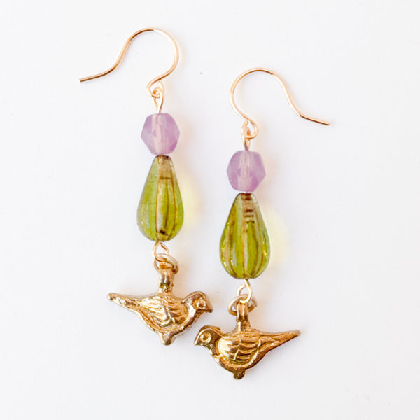 Colorful Bird Charm Earrings | Glass Bead Nature Jewelry