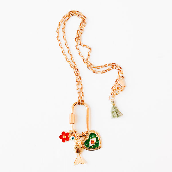 Small Gold Carabiner Charm Necklace with Fish & Green Heart Charms