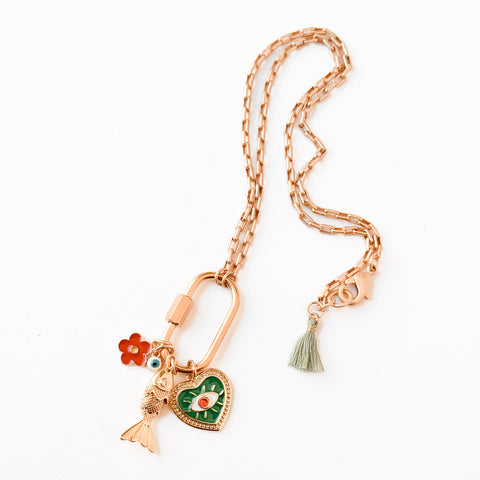 Small Gold Carabiner Charm Necklace with Fish & Green Heart Charms