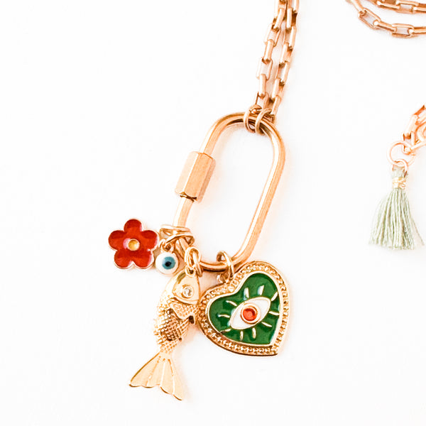 Small Gold Carabiner Charm Necklace with Fish & Green Heart Charms