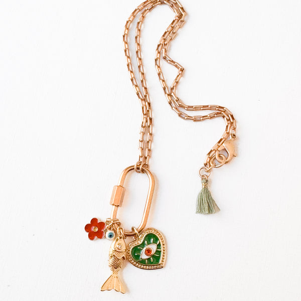 Small Gold Carabiner Charm Necklace with Fish & Green Heart Charms