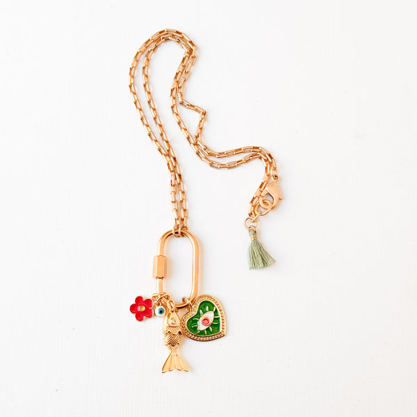 Small Gold Carabiner Charm Necklace with Fish & Green Heart Charms