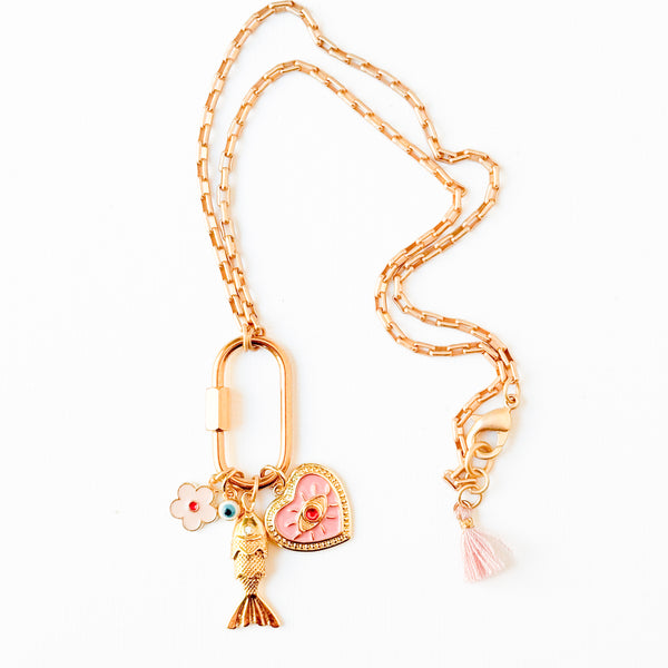 Gold Carabiner Charm Necklace with Fish & Pink Heart Charms