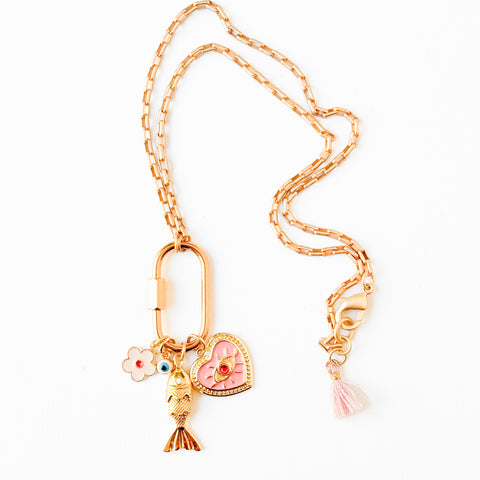 Gold Carabiner Charm Necklace with Fish & Pink Heart Charms
