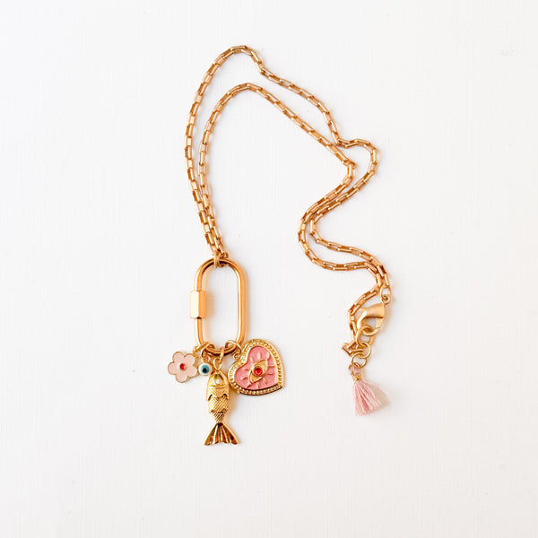 Gold Carabiner Charm Necklace with Fish & Pink Heart Charms