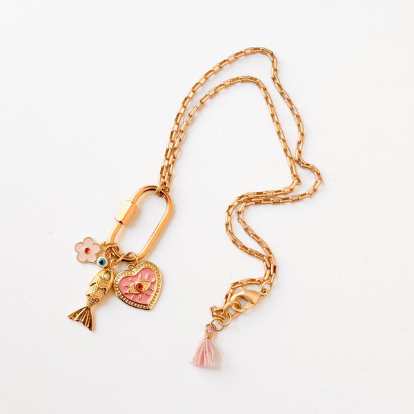 Gold Carabiner Charm Necklace with Fish & Pink Heart Charms