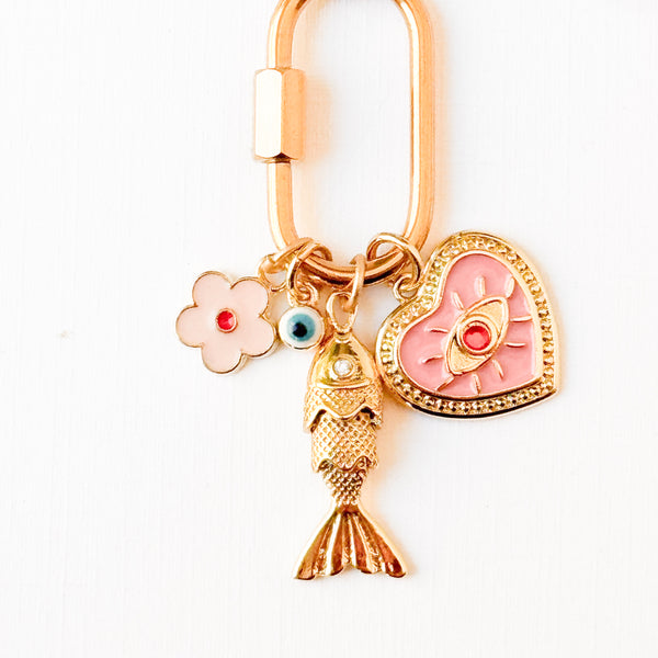 Gold Carabiner Charm Necklace with Fish & Pink Heart Charms