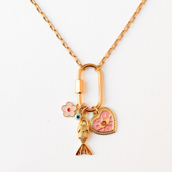 Gold Carabiner Charm Necklace with Fish & Pink Heart Charms