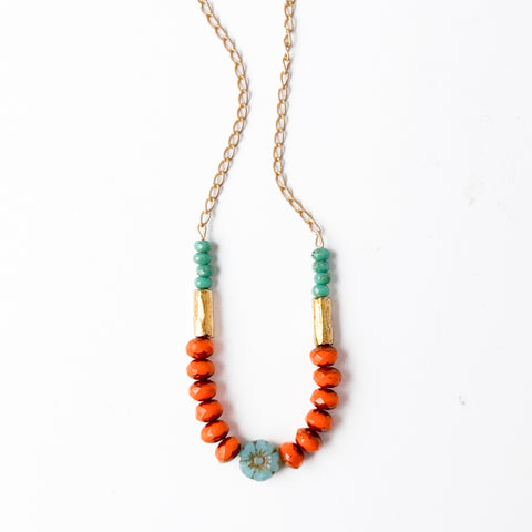 Dainty flower necklace with orange beads, Dainty Necklace