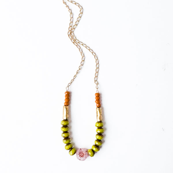 Dainty flower necklace with chartreuse beads, Dainty Necklace