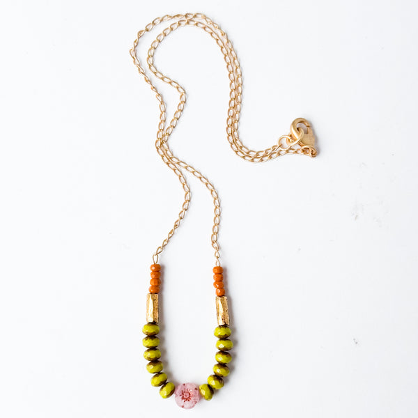 Dainty flower necklace with chartreuse beads, Dainty Necklace