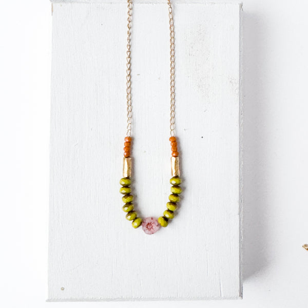 Dainty flower necklace with chartreuse beads, Dainty Necklace