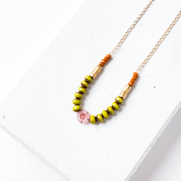 Dainty flower necklace with chartreuse beads, Dainty Necklace