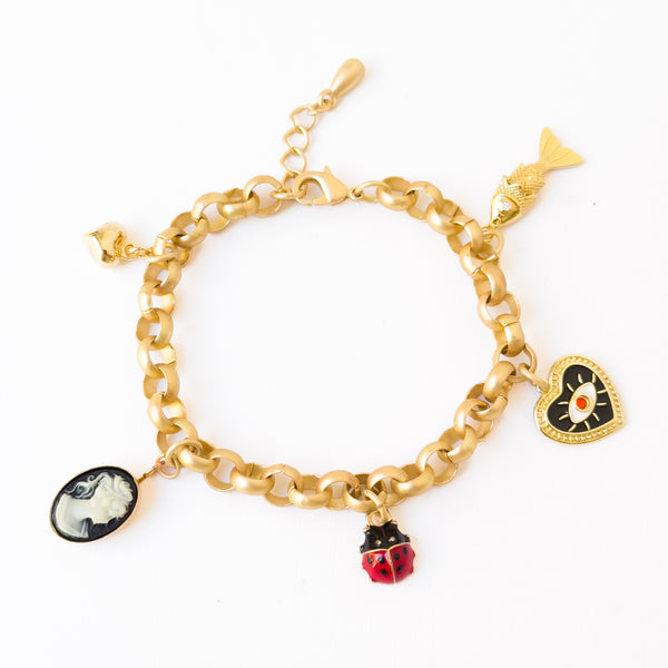 Gold Charm Bracelet with Heart, Cameo & Fish Charms