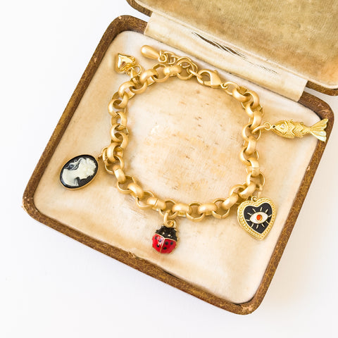 Gold Charm Bracelet with Heart, Cameo & Fish Charms