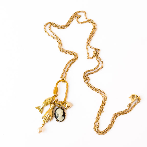 Gold Carabiner Charm Necklace with Cameo & Fish Charms
