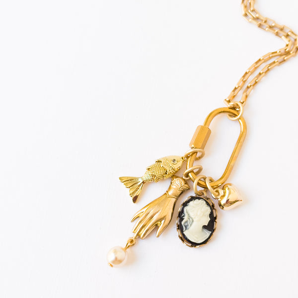 Gold Carabiner Charm Necklace with Cameo & Fish Charms
