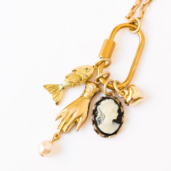Gold Carabiner Charm Necklace with Cameo & Fish Charms