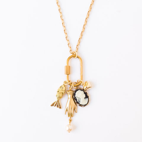 Gold Carabiner Charm Necklace with Cameo & Fish Charms