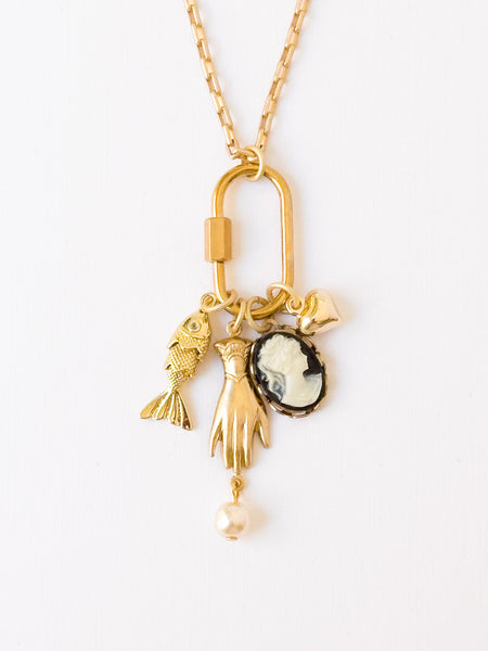 Gold Carabiner Charm Necklace with Cameo & Fish Charms