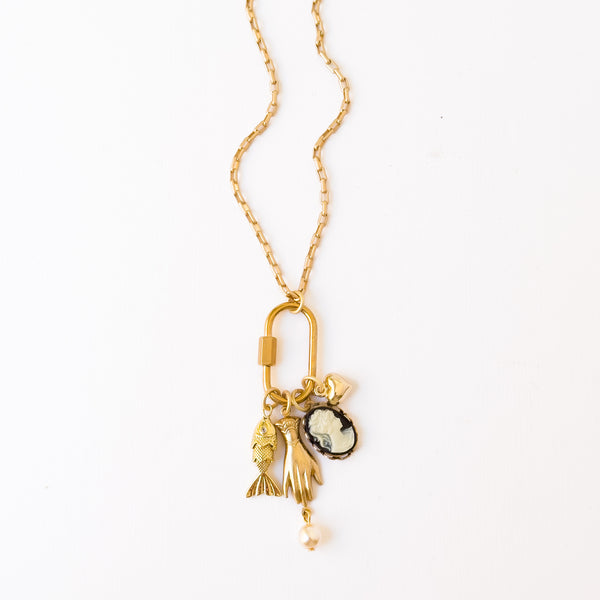 Gold Carabiner Charm Necklace with Cameo & Fish Charms