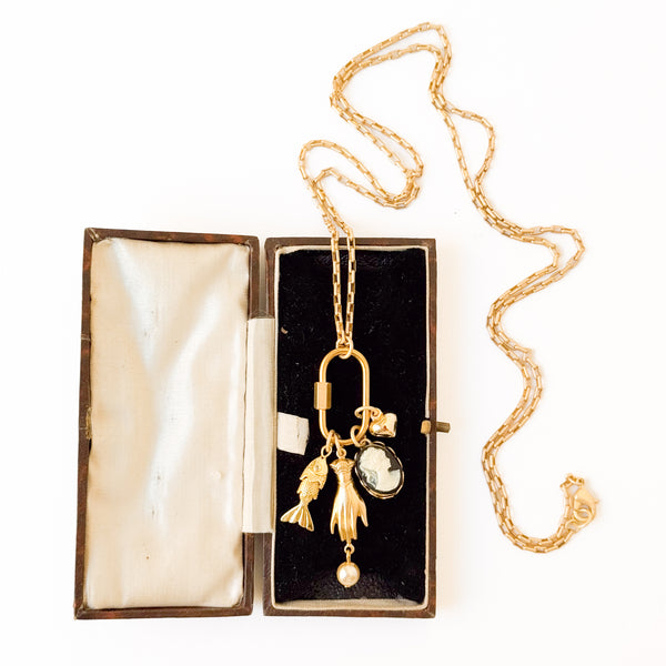 Gold Carabiner Charm Necklace with Cameo & Fish Charms