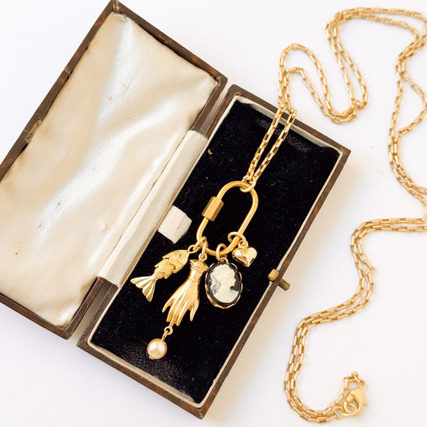 Gold Carabiner Charm Necklace with Cameo & Fish Charms