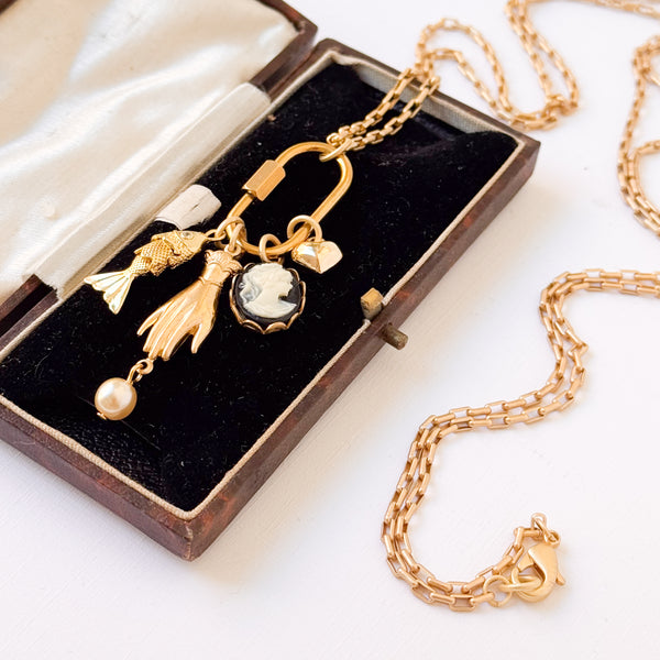 Gold Carabiner Charm Necklace with Cameo & Fish Charms