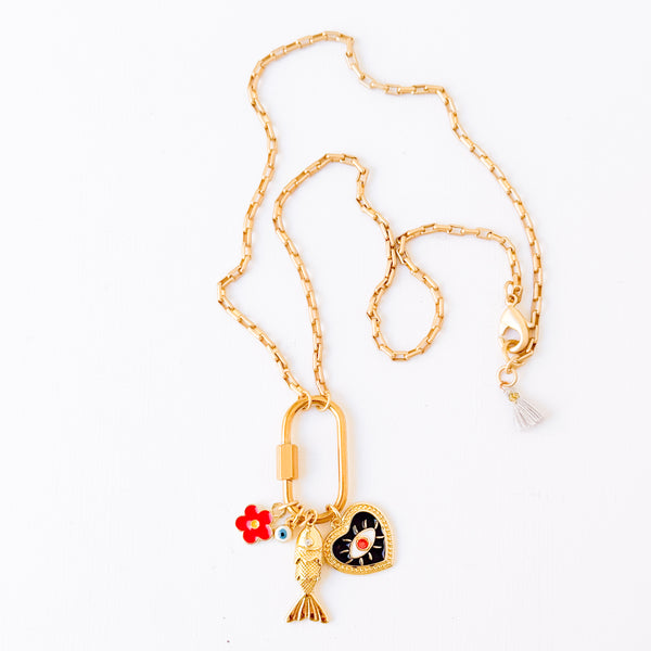 Small Gold Carabiner Charm Necklace with Black Heart, Fish charms