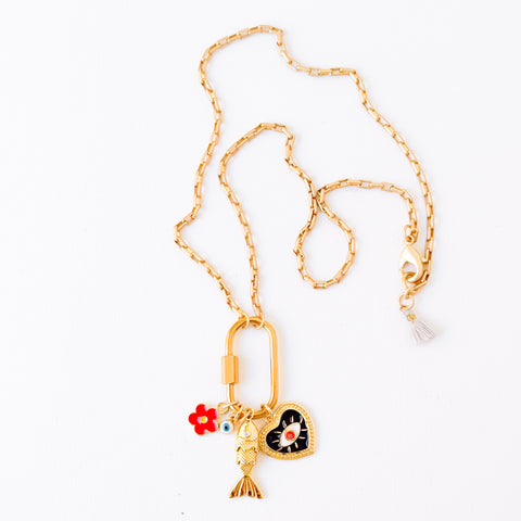 Small Gold Carabiner Charm Necklace with Black Heart, Fish charms