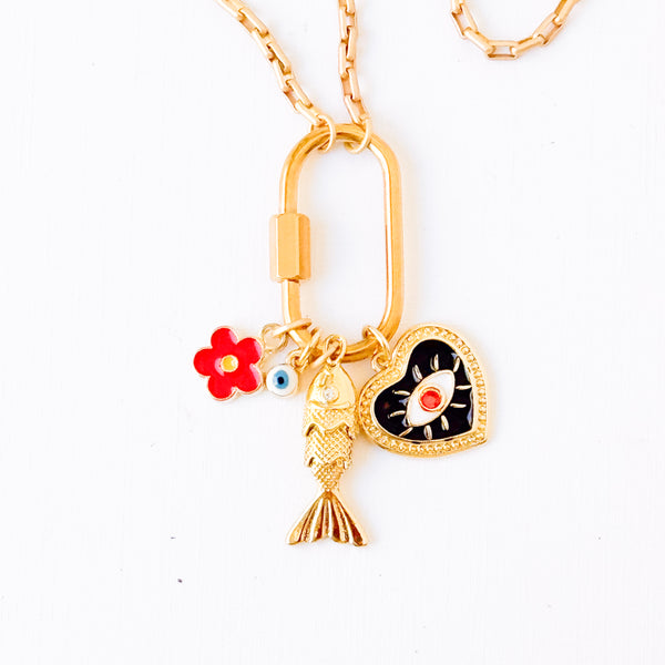 Small Gold Carabiner Charm Necklace with Black Heart, Fish charms